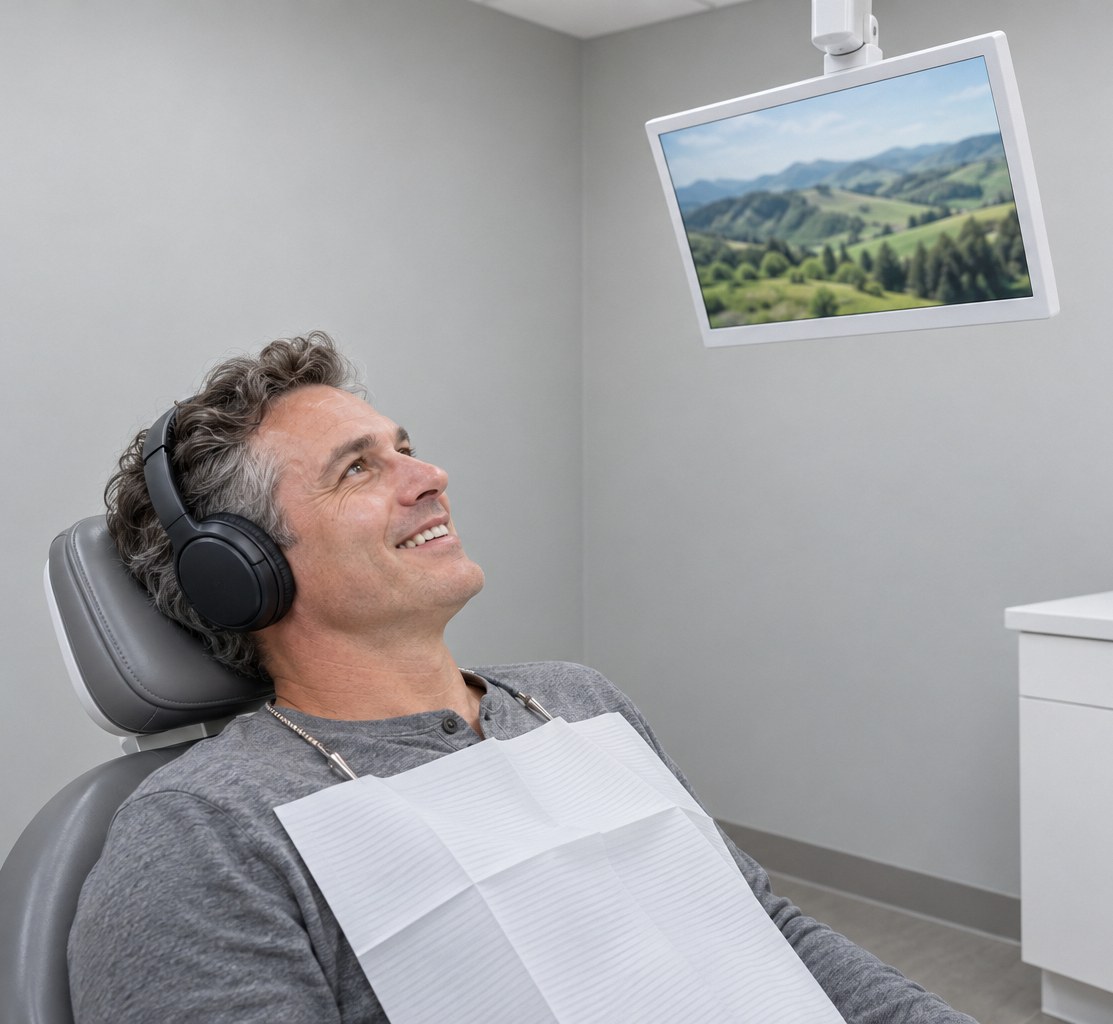 A relaxed patient in a dental chair wearing headphones and watching a screen